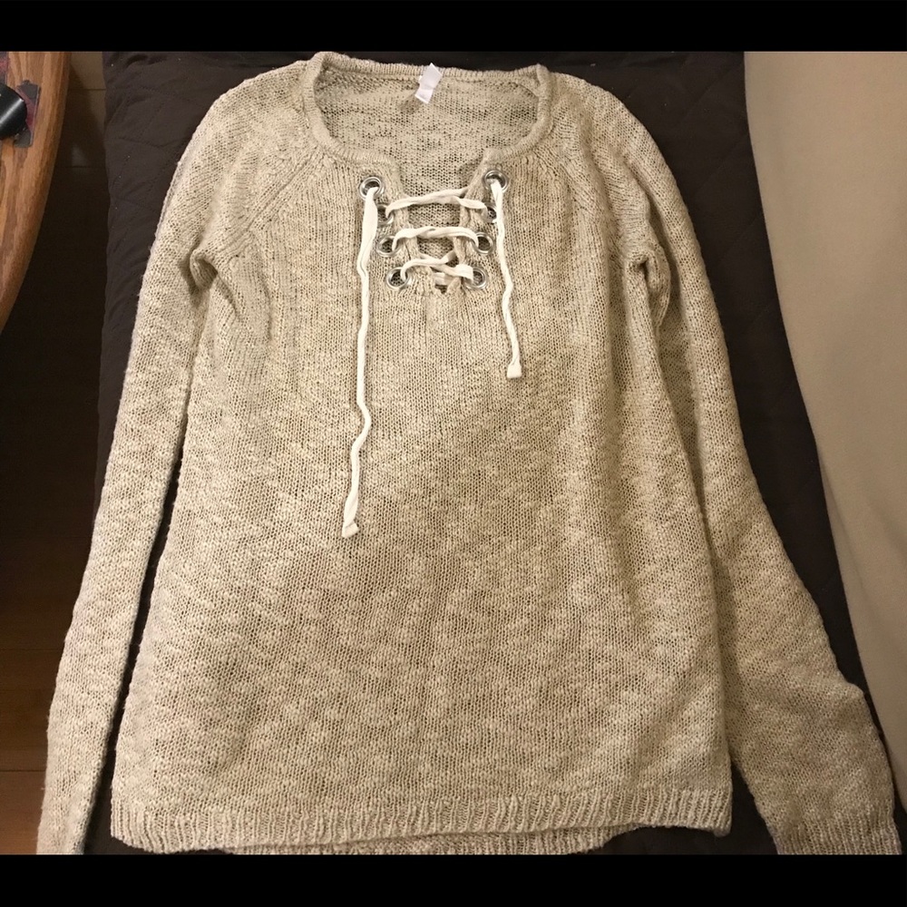 Xhilaration tan sweater with lace up detail Small